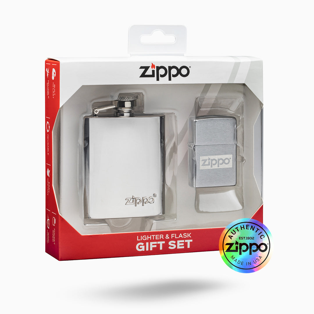 Zippo Chrome Lighter And Flask Gift Set